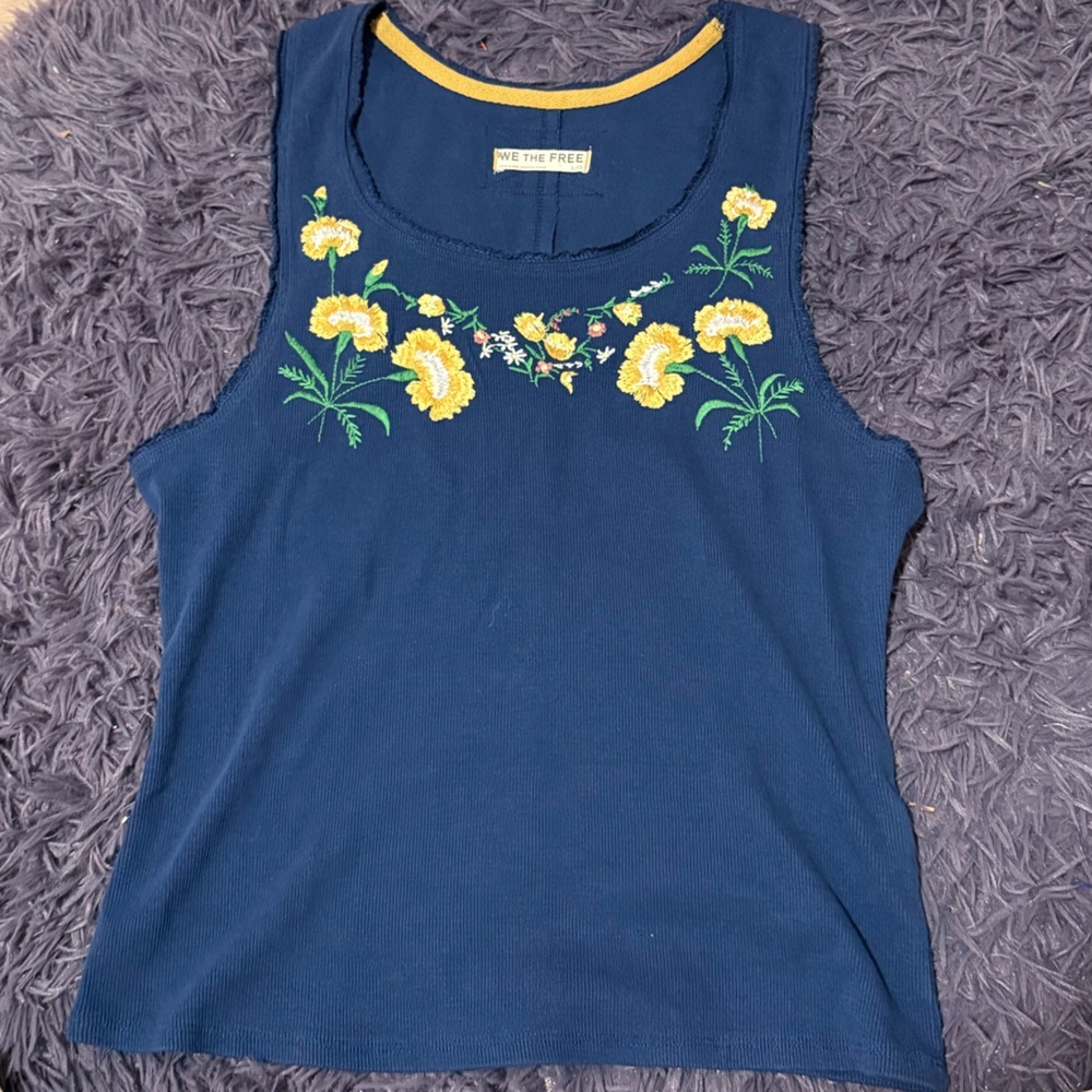 We The Free Navy Tank Top with Yellow Floral Embroidery